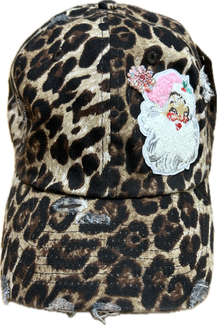 Pink Santa Patch on a Leopard Cap